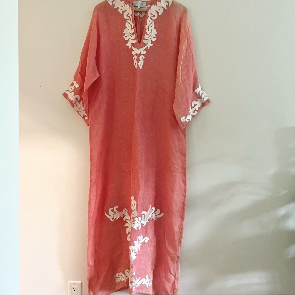 Tashia London Embroidered Pink Kaftan or Maxi Dress w White Scroll Embroidery L